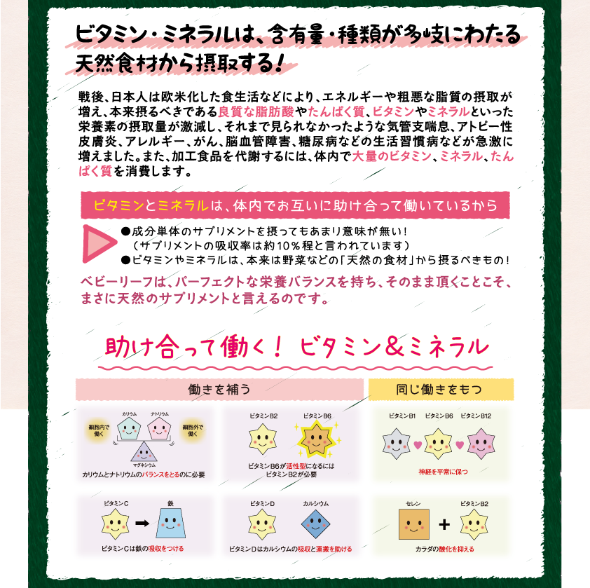ビタミン・ミネラルは、含有量・種類が多岐にわたる天然食材から摂取する
