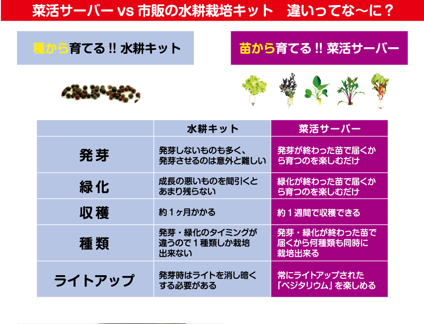 菜活サーバvs市販の炊飯栽培キット　ちがいってな〜に